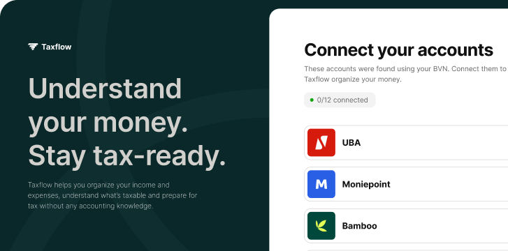 The Taxflow app listing bank accounts found with your BVN, ready to connect